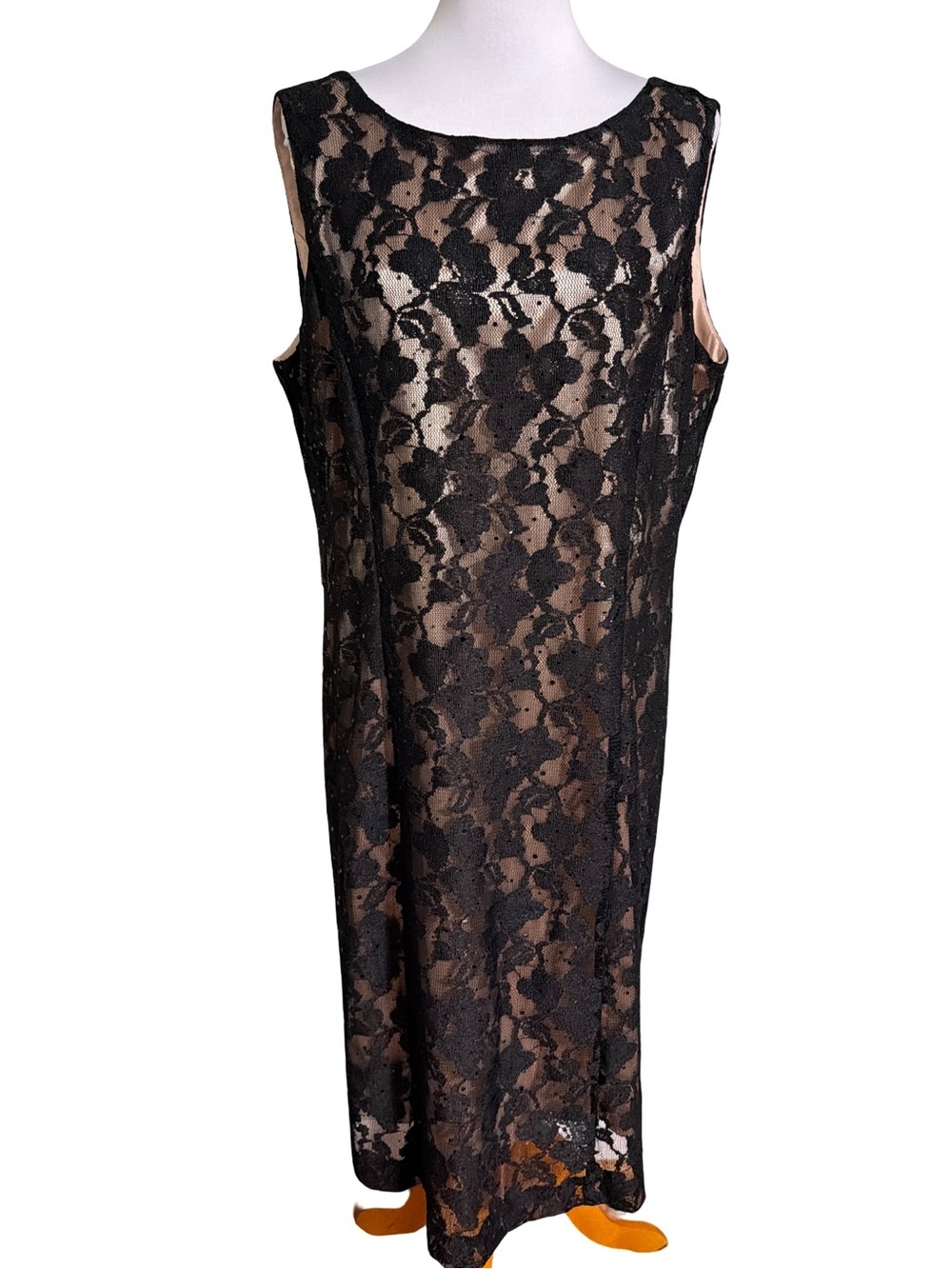 Tahari Black Lace Midi Dress Nude Lining Size 18
